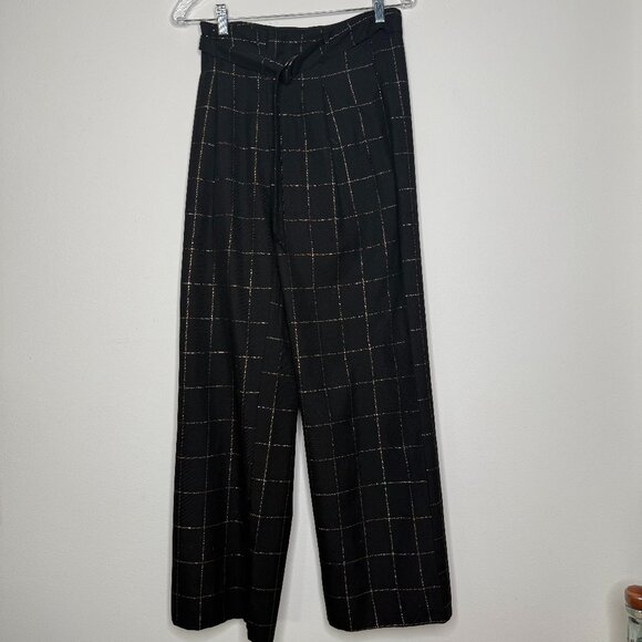 Lucy Paris | Black High Waisted Wide Leg Trousers with Gold Plaid - S - Picture 1 of 6